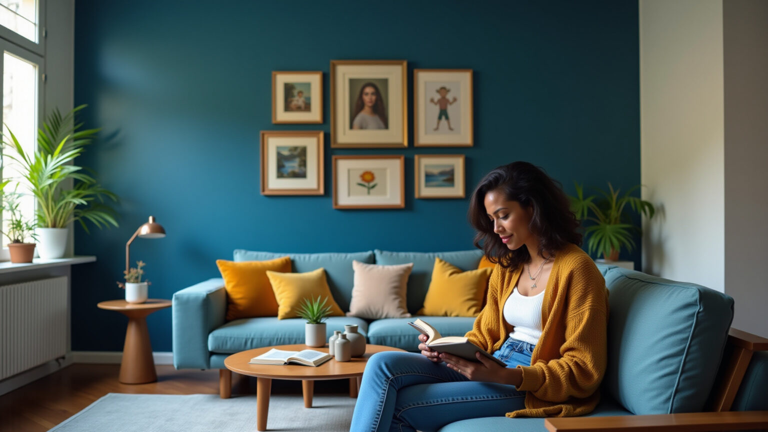 Sala de estar azul elegante com toques brasileiros e iluminação natural.