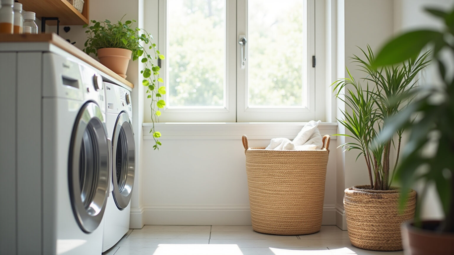 Cesto de roupa suja estiloso em lavanderia moderna e bem iluminada.