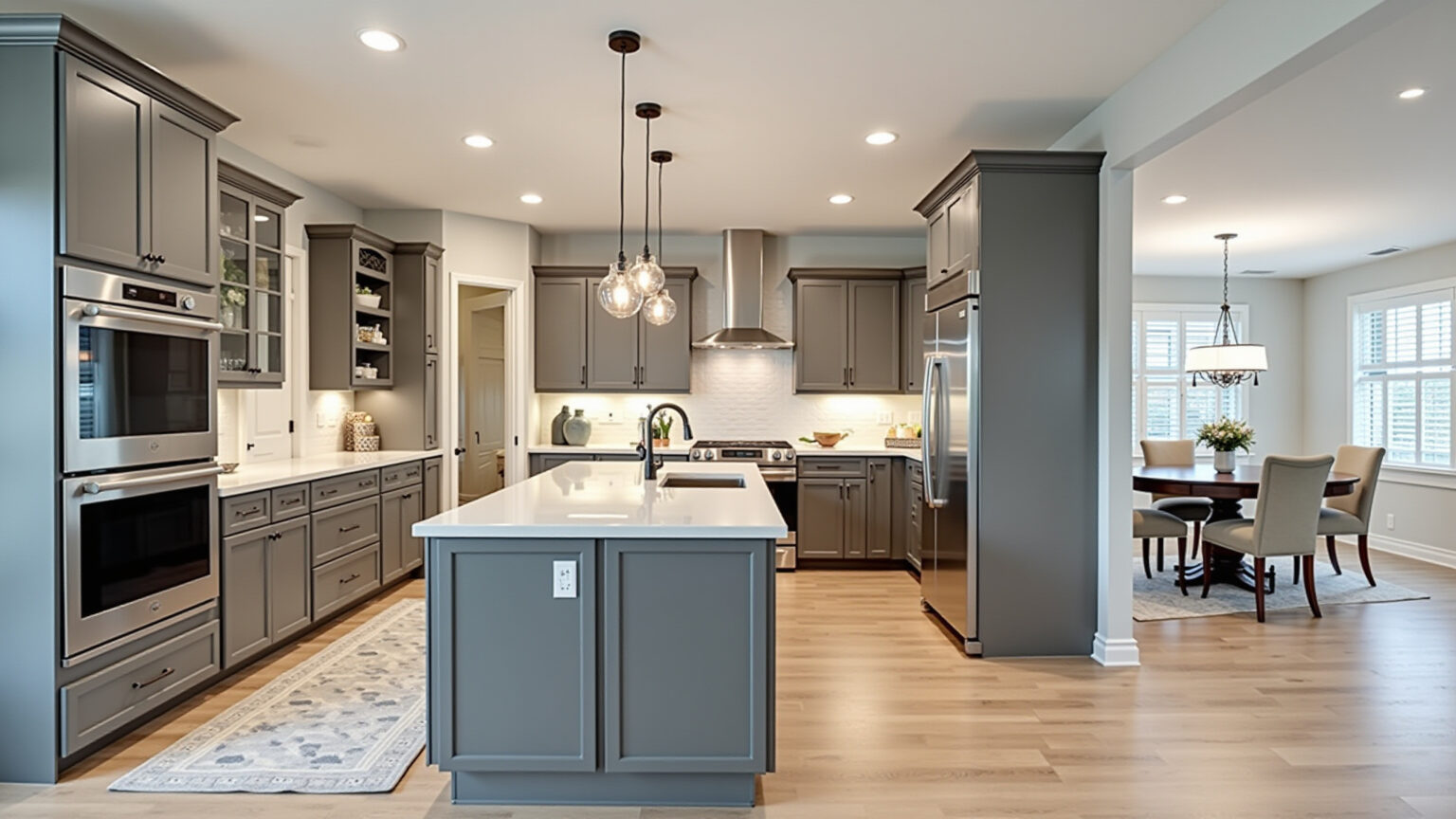 Cozinha moderna com armários cinza e eletrodomésticos de inox.