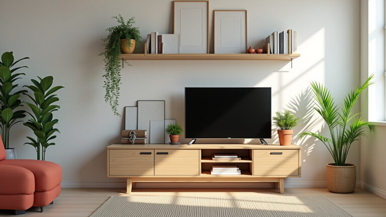 Rack de sala estiloso com plantas e decoração colorida.