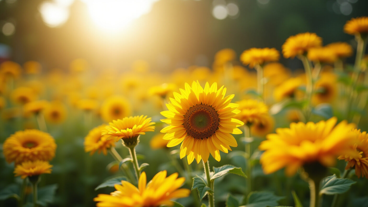Jardim Amarelo: 10 Flores Para Iluminar seu Dia Jardim vibrante com girassóis, calêndulas e margaridas amarelas sob o sol.