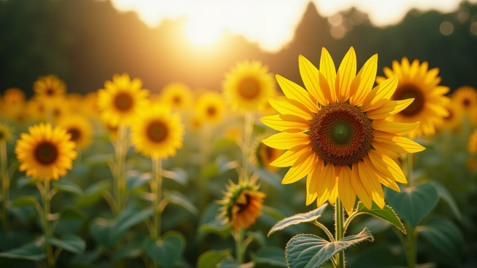 Jardim de verão exuberante com girassóis vibrantes sob a luz do sol.