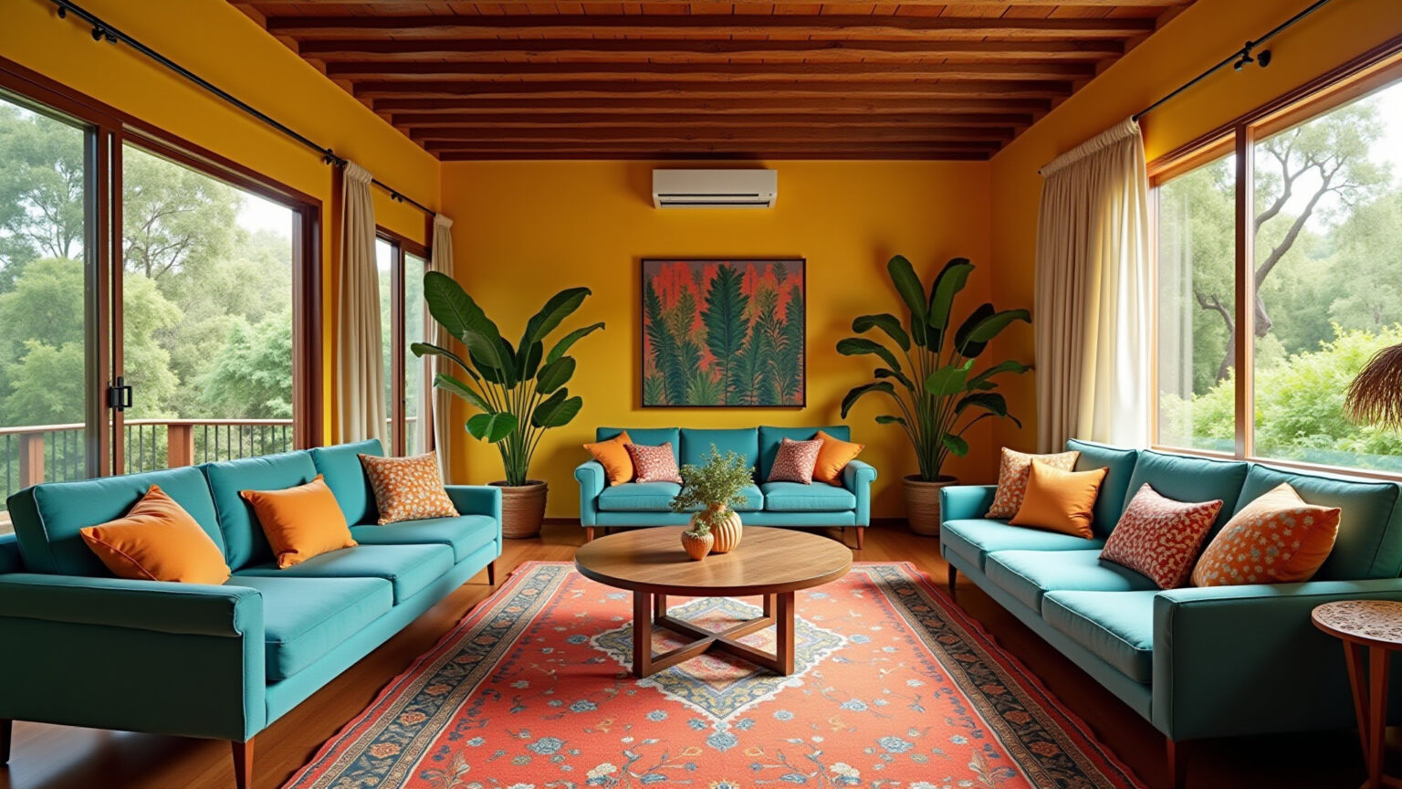 Sala de estar vibrante com cores alegres e decoração brasileira.