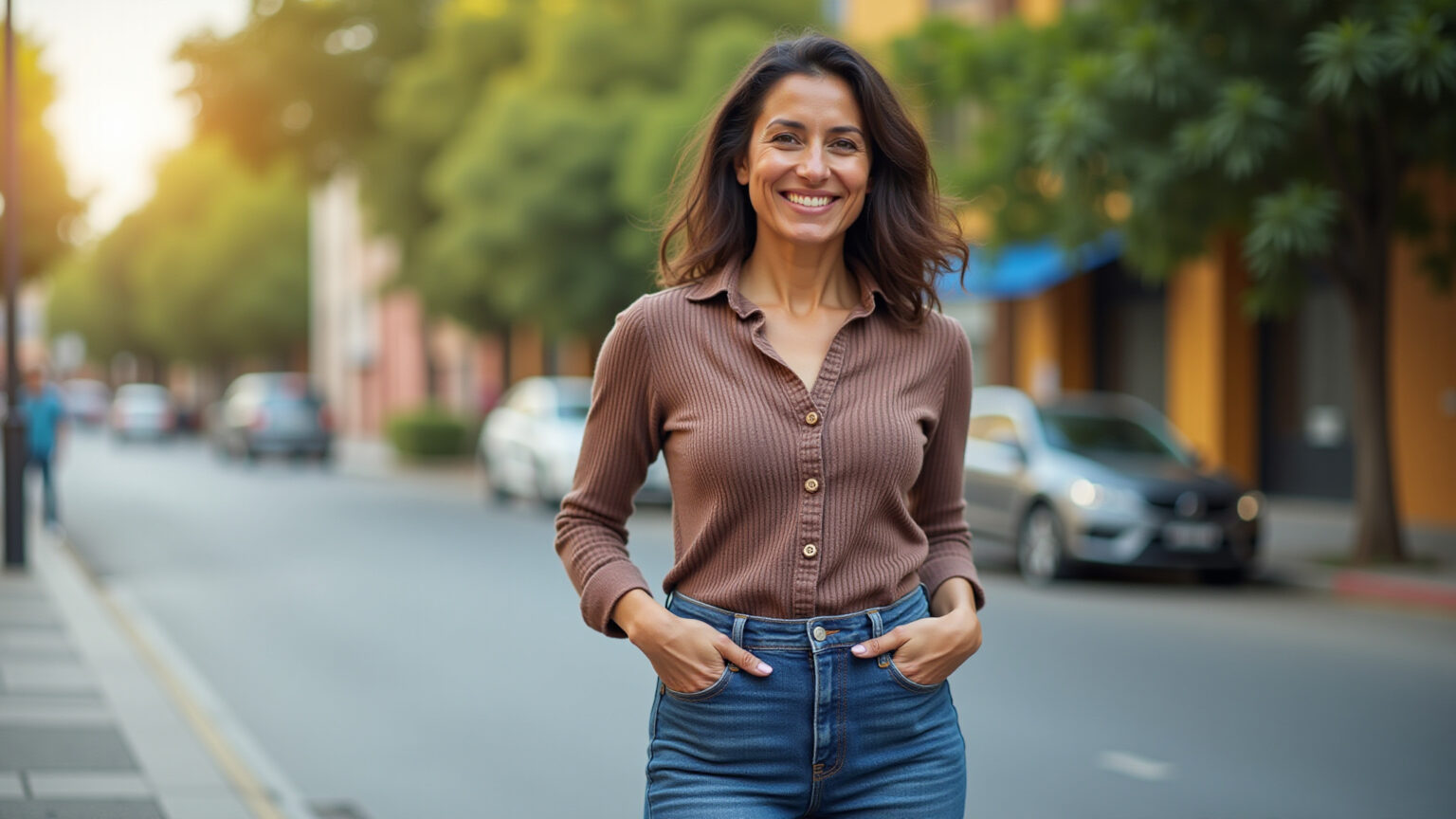 Mulher brasileira sorrindo, vestindo jeans estiloso em cenário urbano.
