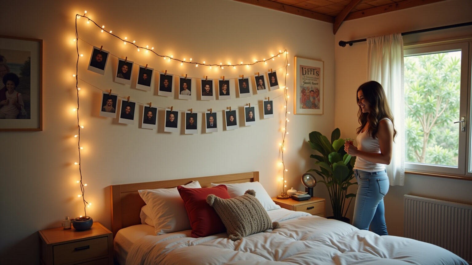 Parede do quarto decorada com fotos polaroid e luzes.