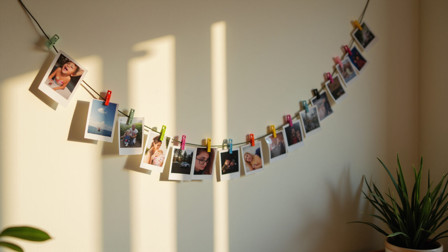 Varal de fotos decorativo com mini prendedores coloridos em quarto aconchegante.