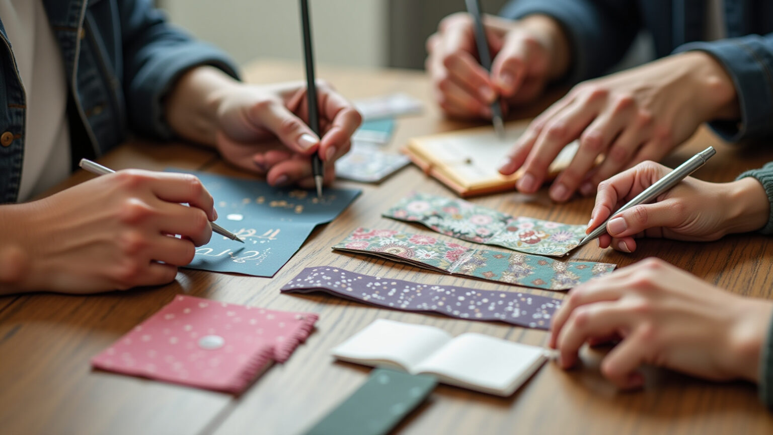 Mãos criando marcadores de livro personalizados com diversos materiais.