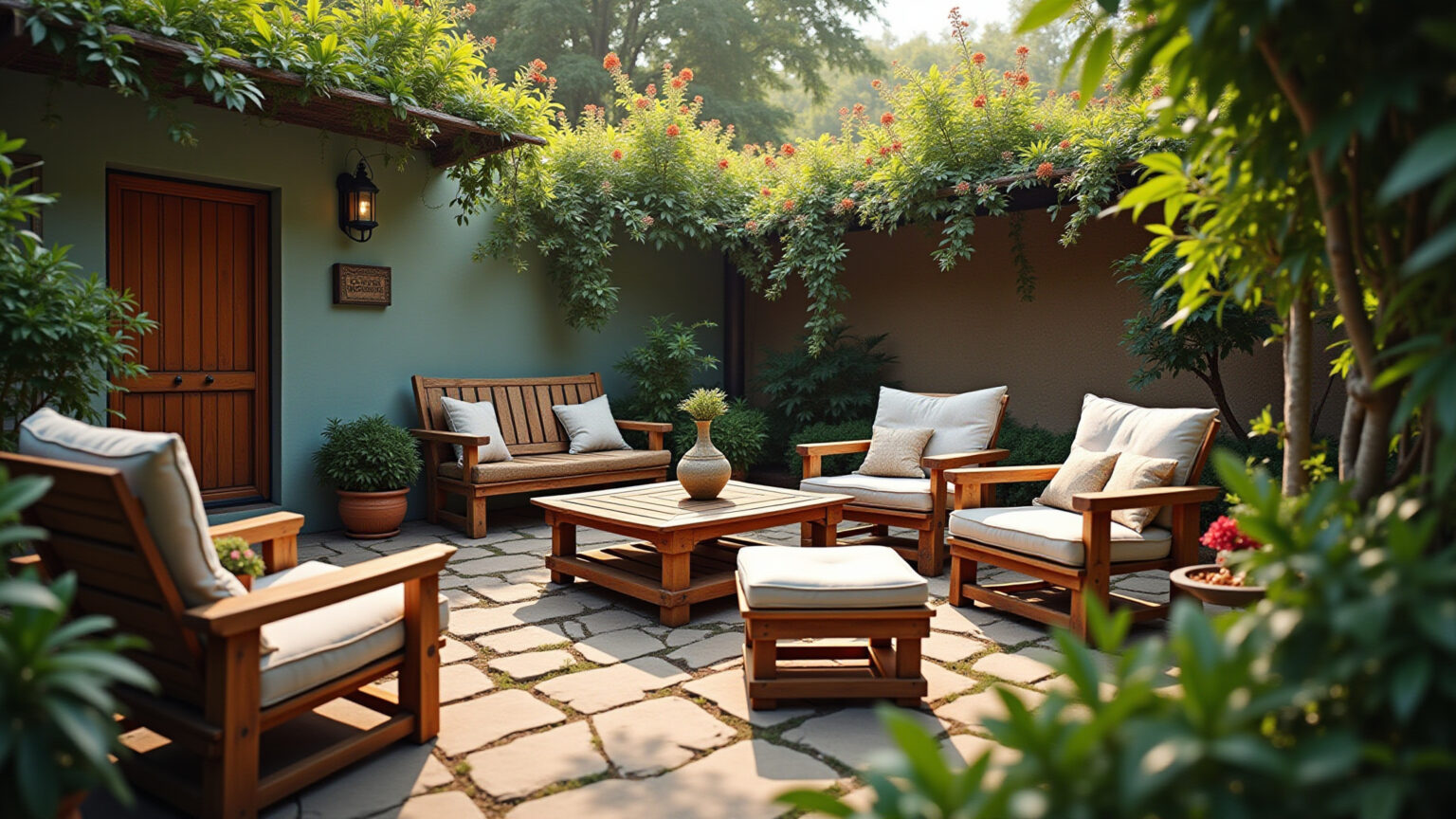 Jardim decorado com móveis de pallet e flores vibrantes.