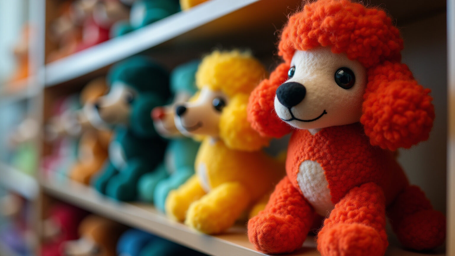 Poodle de feltro artesanal decorando prateleira.