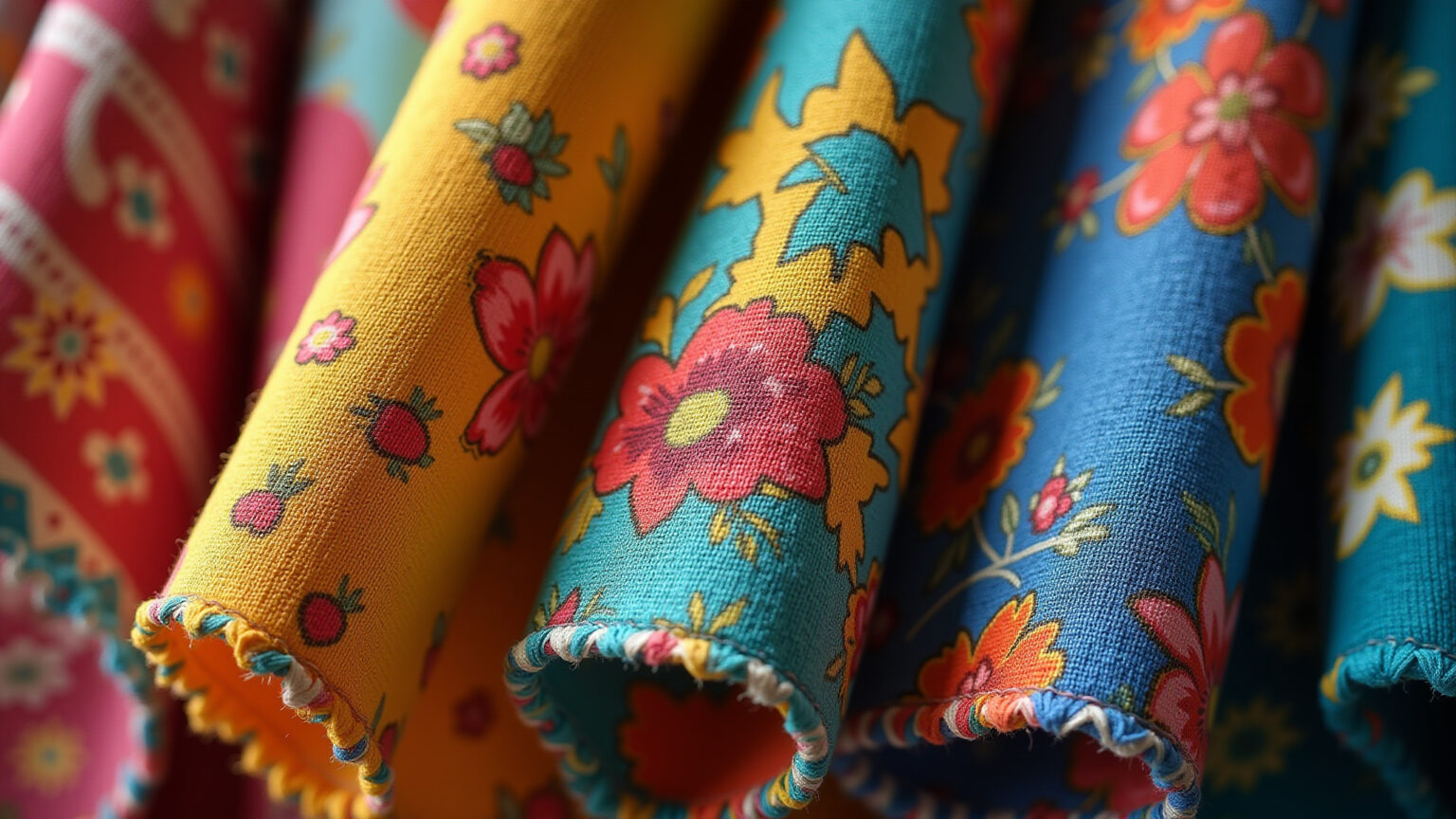 Detalhe vibrante de tecidos patchwork com padrões brasileiros autênticos.