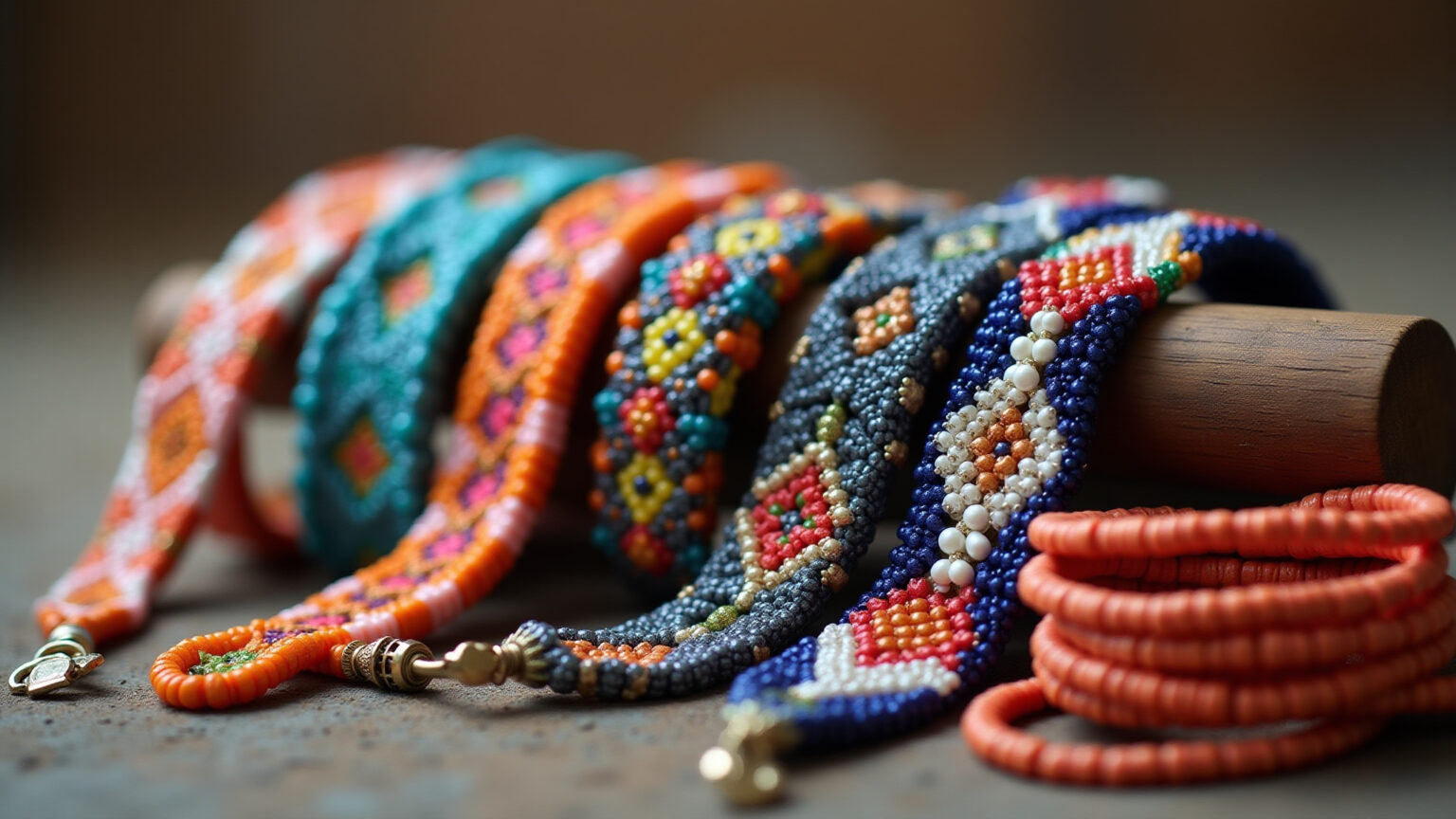 Pulseiras de miçanga coloridas e artesanais em madeira rústica.
