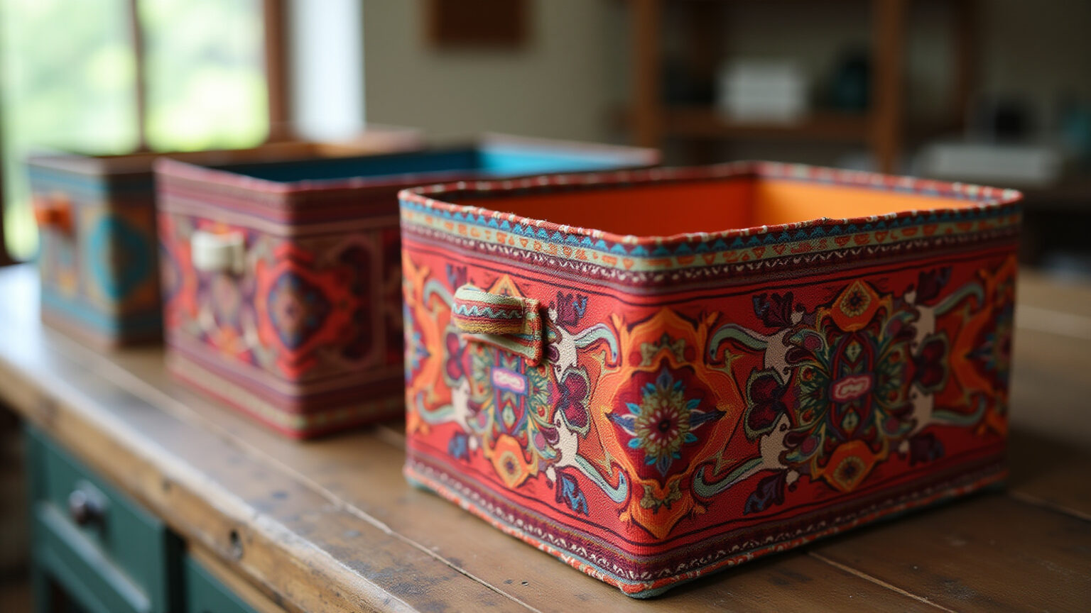 Porta trecos artesanais de tecido colorido sobre mesa rústica.