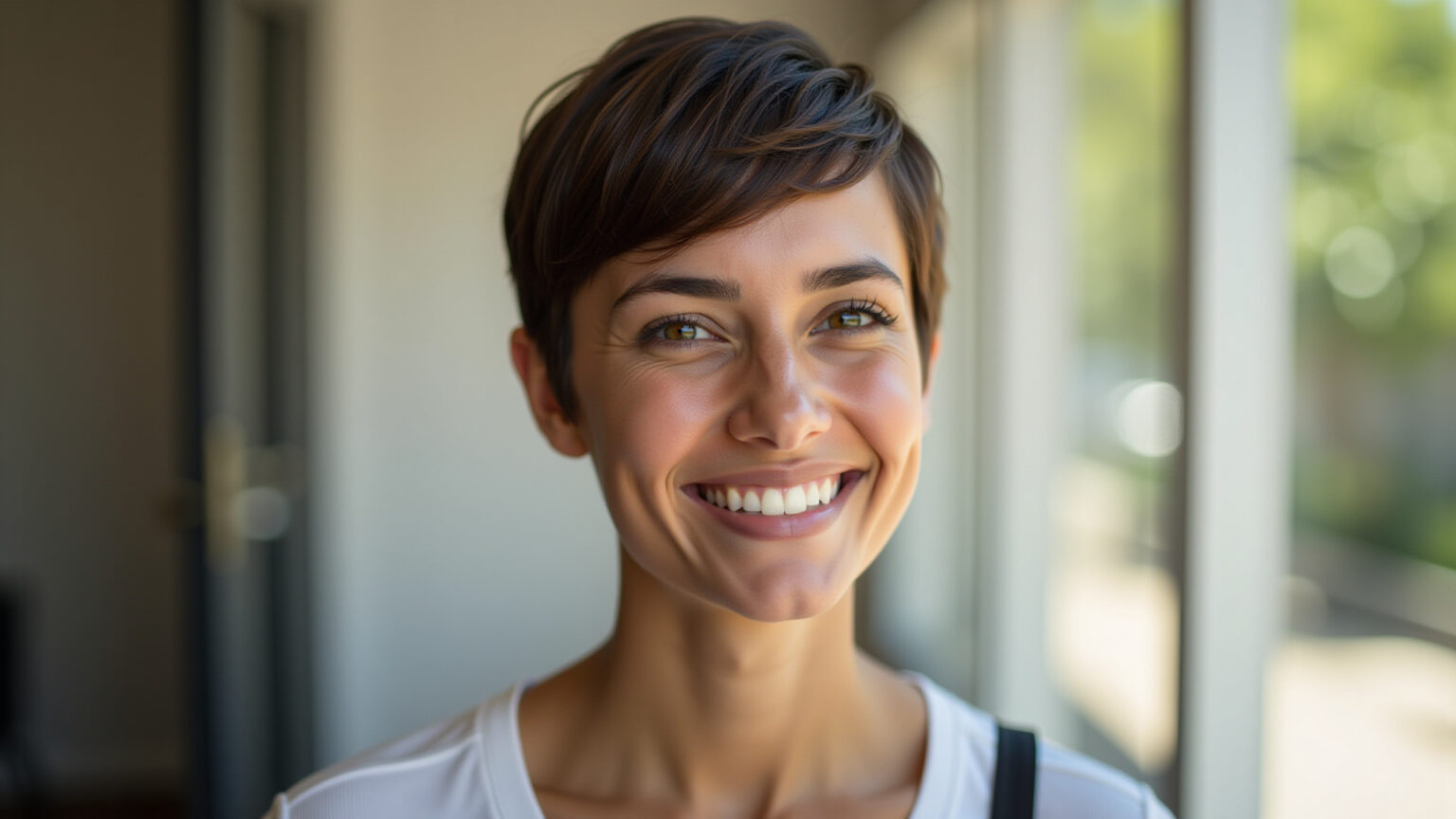 Mulher brasileira sorrindo com corte pixie moderno.