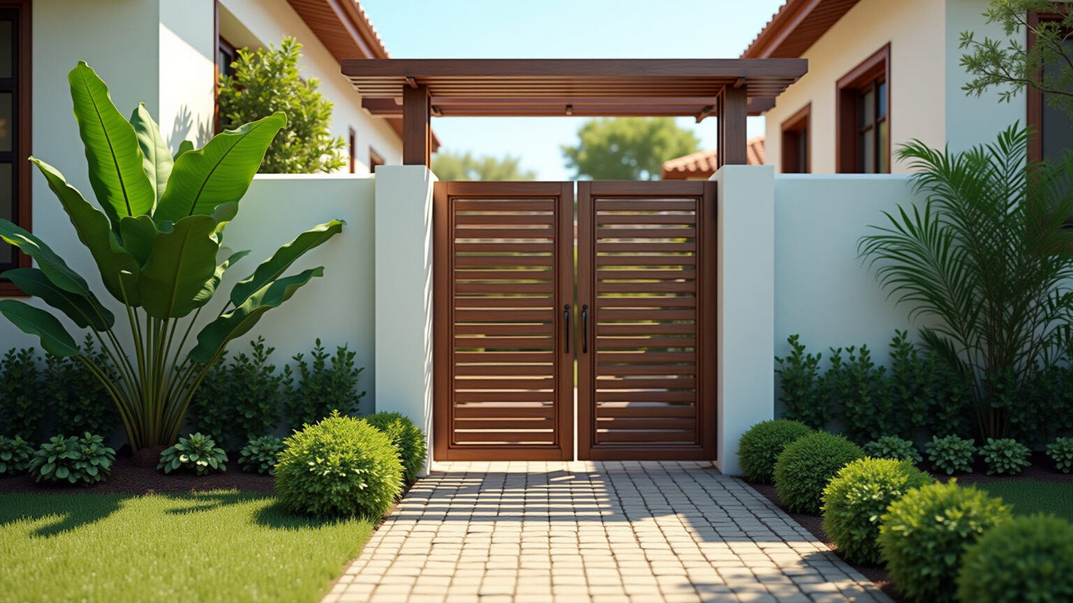 Charme na Entrada: Ideias Criativas de Pórticos para sua Casa Pórtico moderno de madeira com plantas tropicais exuberantes.