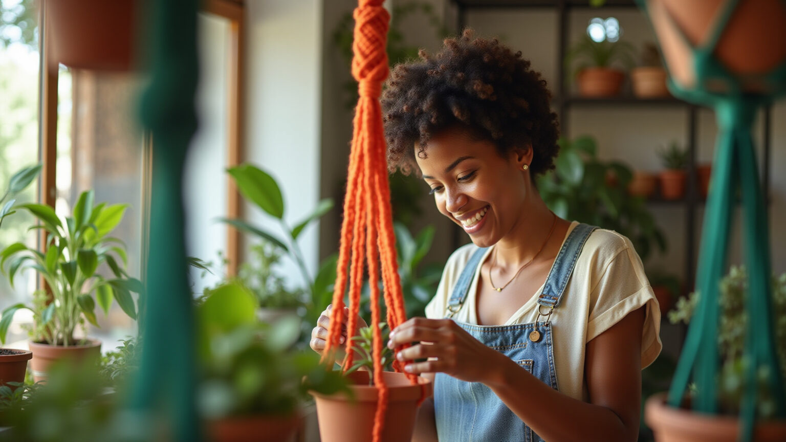 Mulher criando suportes de macramê para vasos em casa colorida.