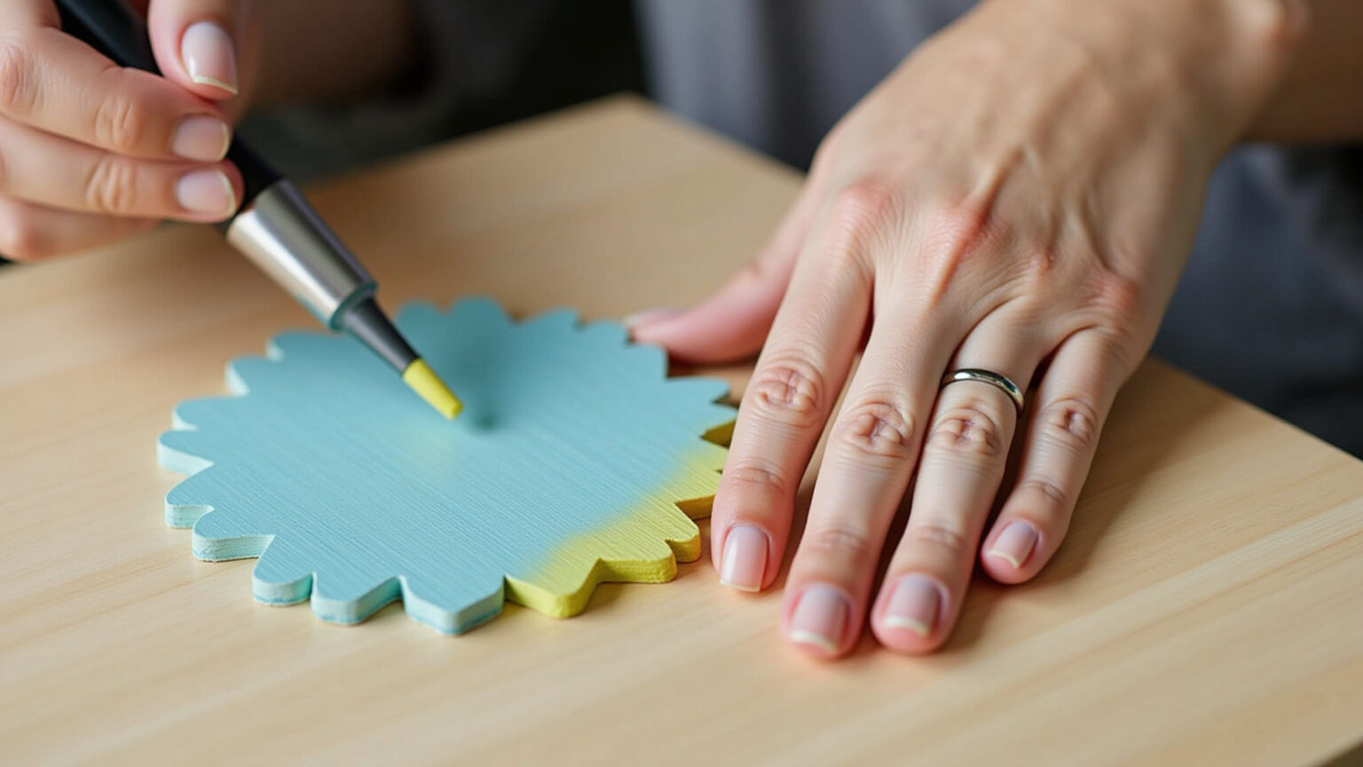 Mãos aplicando primer em projeto de artesanato em madeira.