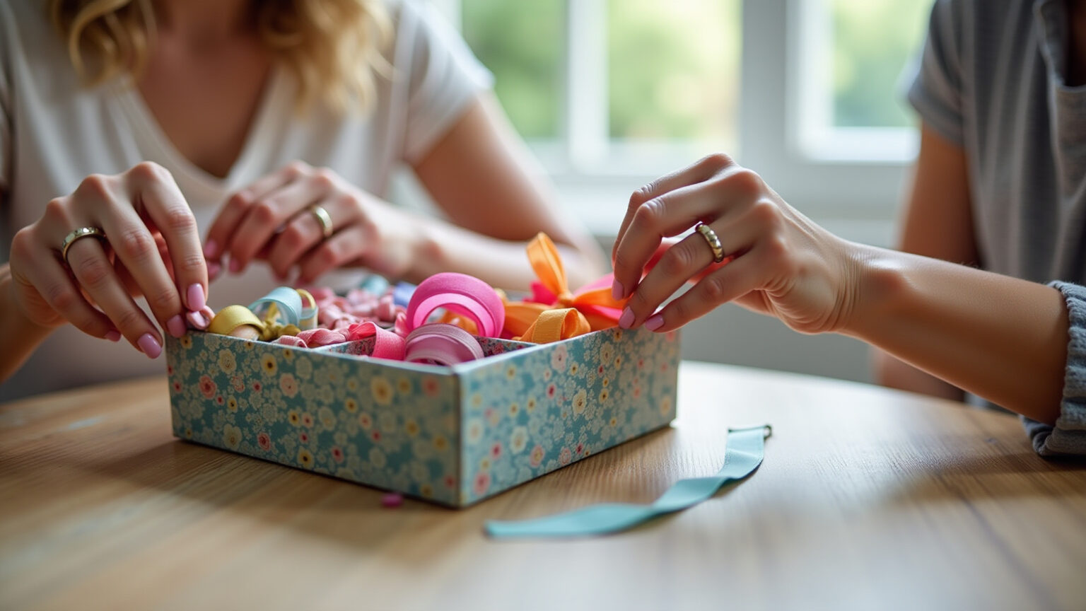 Mãos criando organizador de fitas artesanal com caixa de sapato.