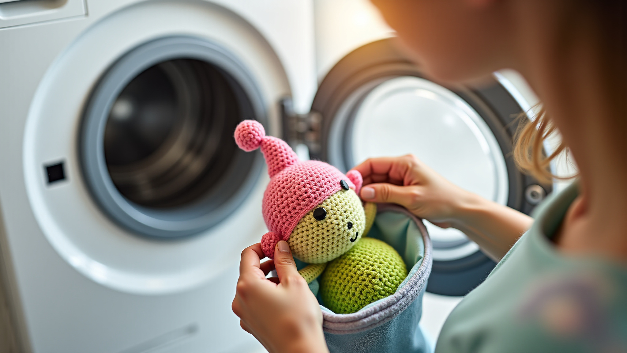 Mulher protegendo amigurumi em saco de lavagem antes de lavar na máquina.