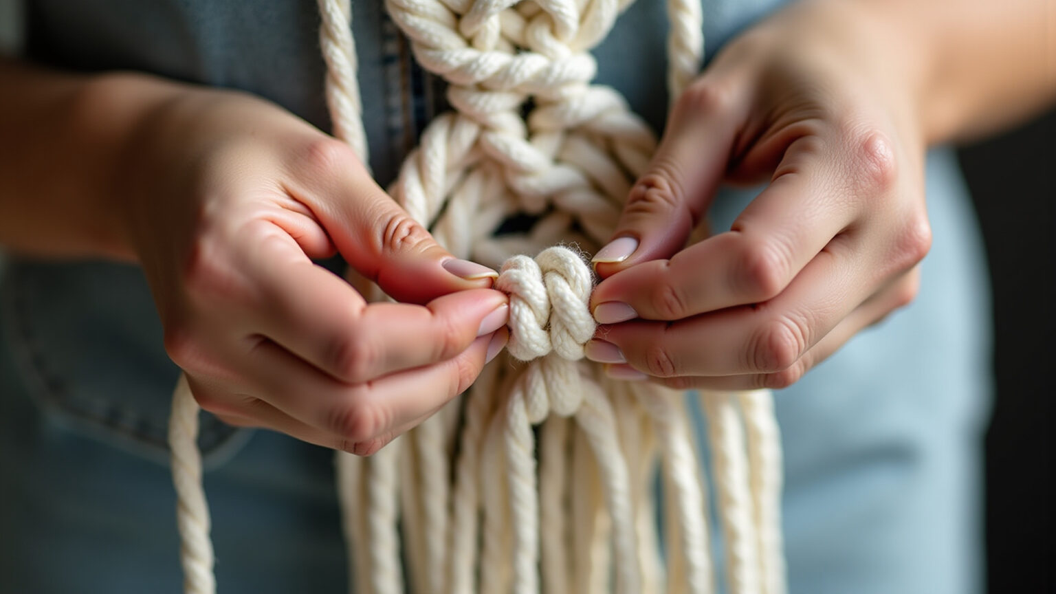 Detalhe de mãos criando nó de macramê com fio de algodão.