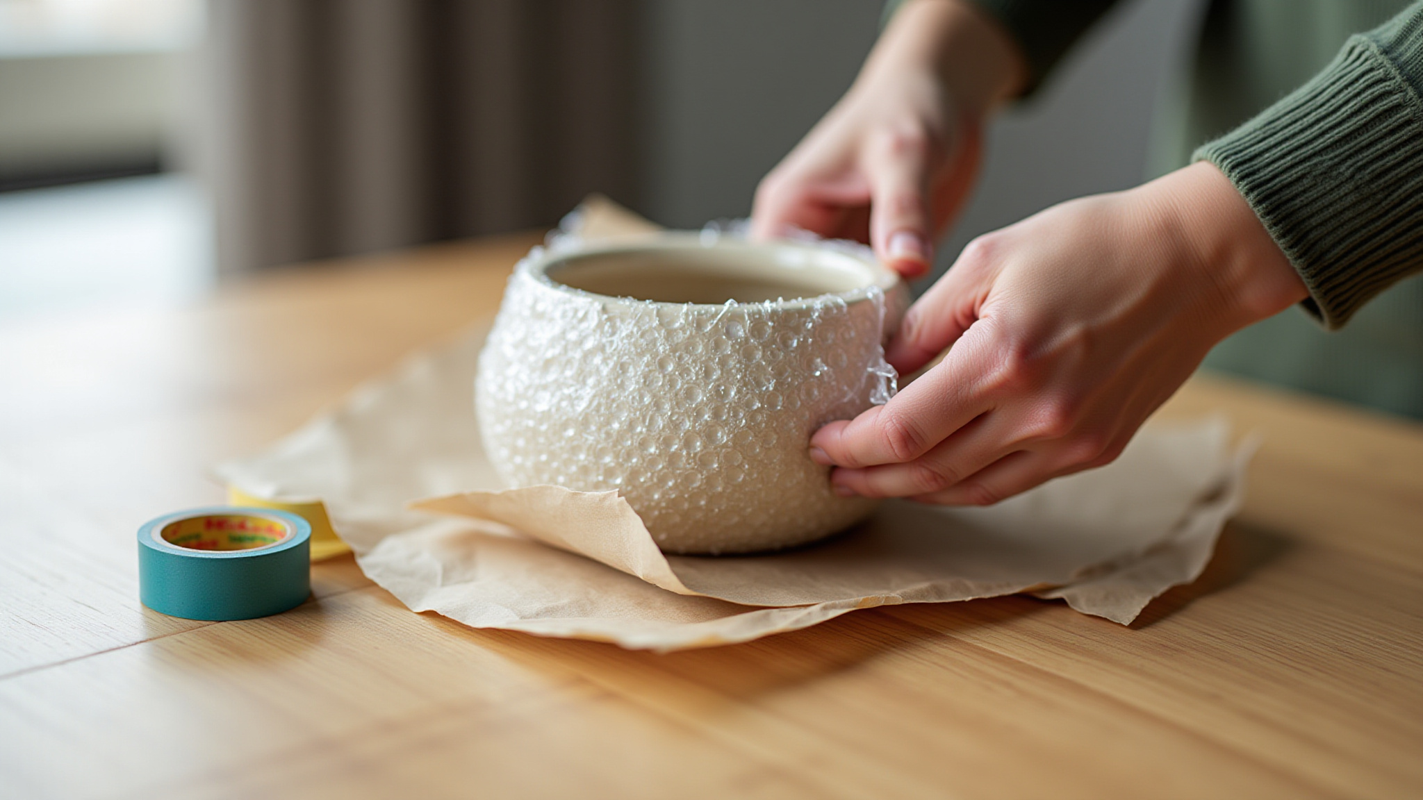 Mãos embalando cerâmica delicada com plástico bolha para envio.