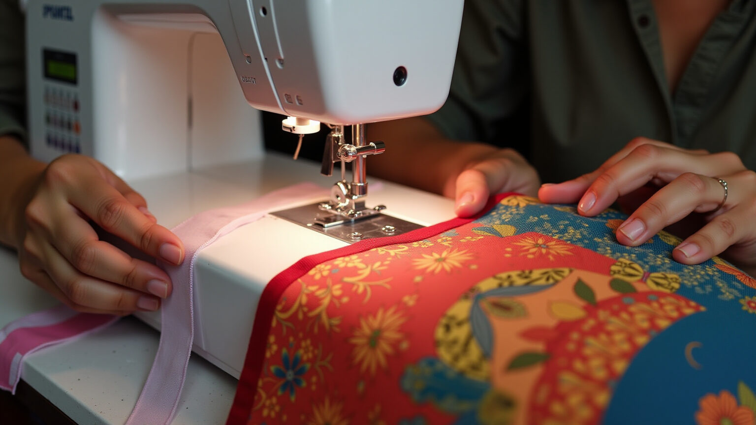 Detalhe de mãos costurando tecido colorido em máquina de costura.