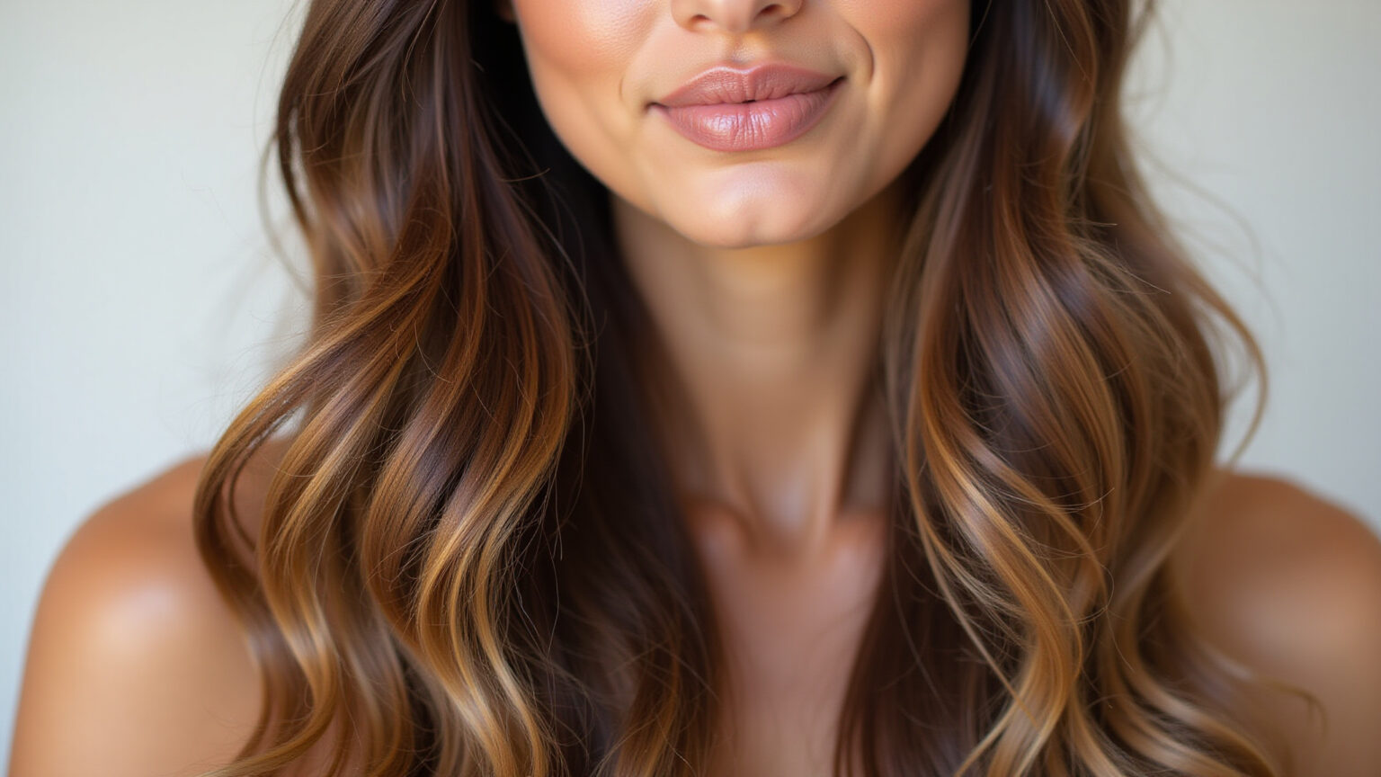 Cabelo castanho longo e ondulado com ombré caramelo sutil.