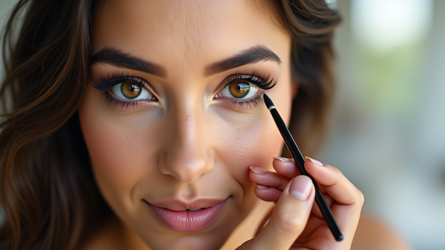 Mulher brasileira de olhos orientais aplicando maquiagem vibrante.