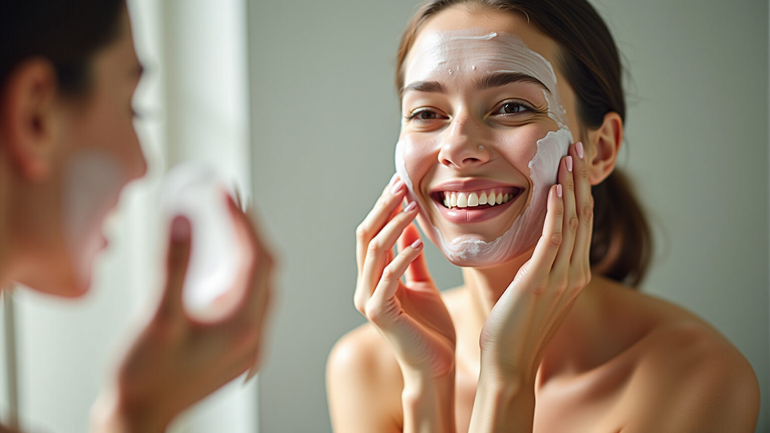 Mulher sorrindo limpando a pele seca com água micelar.