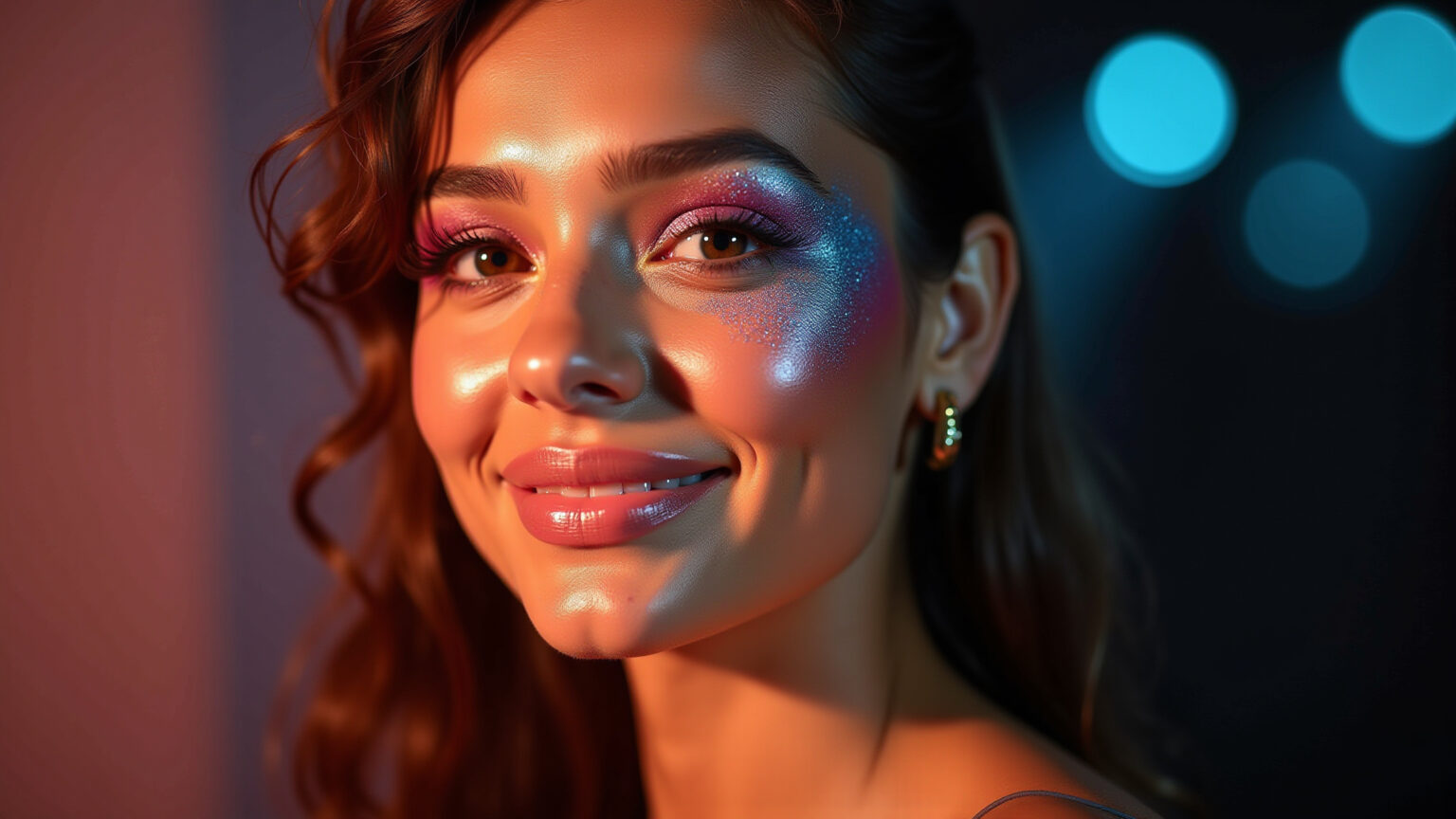 Maquiagem vibrante à prova de suor para show, com glitter e delineado impecável.