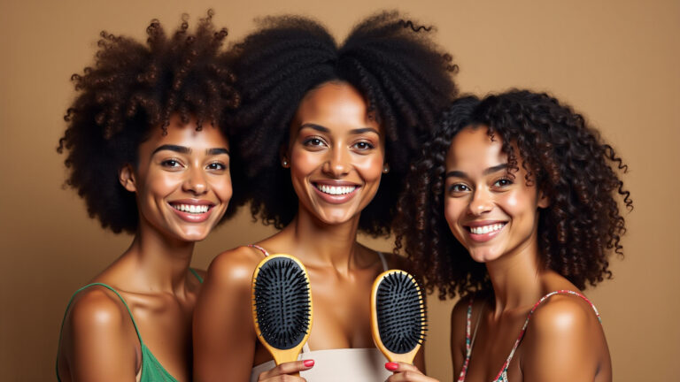 Mulheres brasileiras diversas sorrindo cercadas por vários tipos de escovas de cabelo.