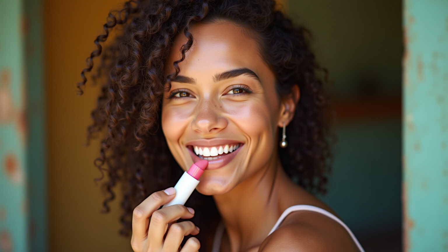 Mulher brasileira sorrindo aplicando hidratante labial com cor.