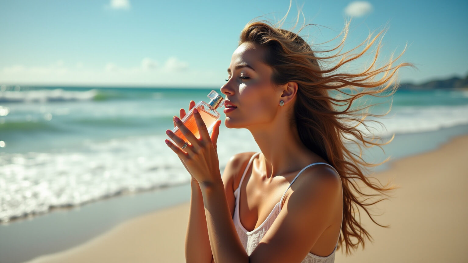 Perfume com Cheiro de Mar: 7 Fragrâncias com Brisa Marinha Mulher apreciando perfume com cheiro de mar na praia.