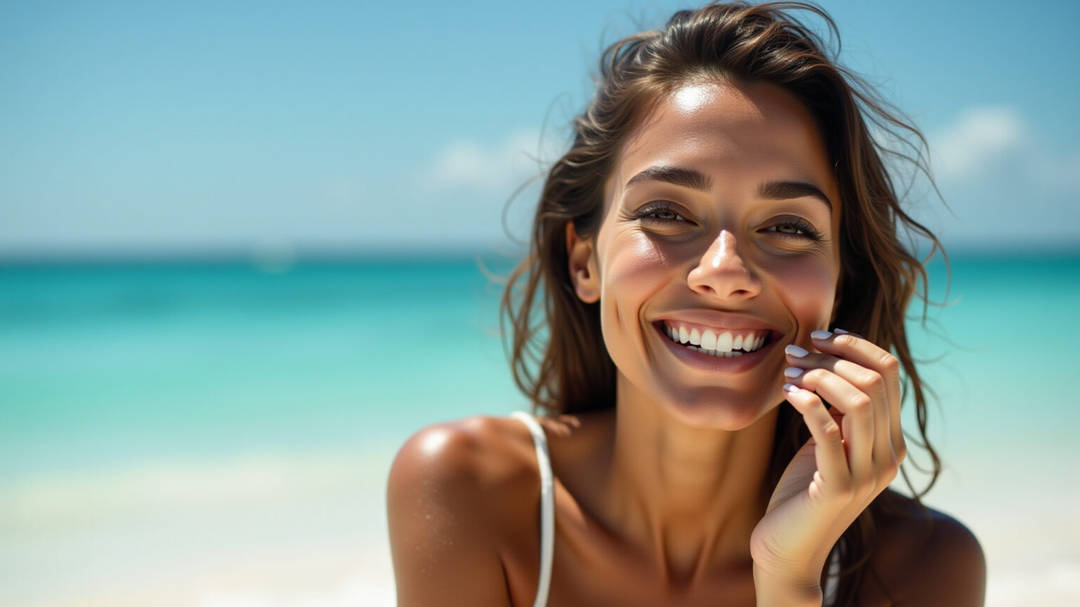 Mulher aplicando maquiagem natural à prova d'água na praia.