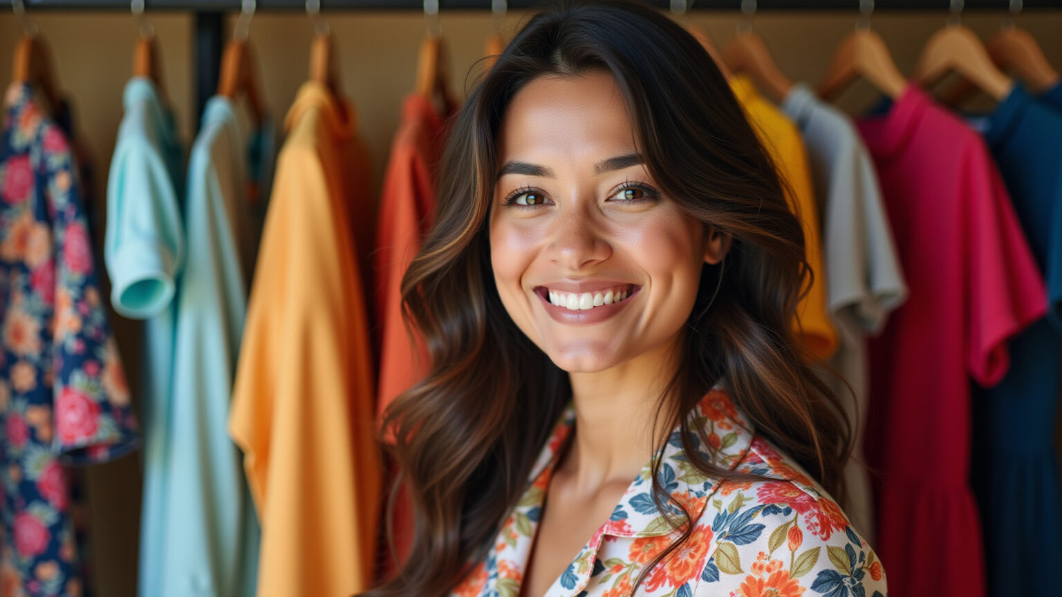 Mulher sorrindo experimentando roupas coloridas em closet vibrante.