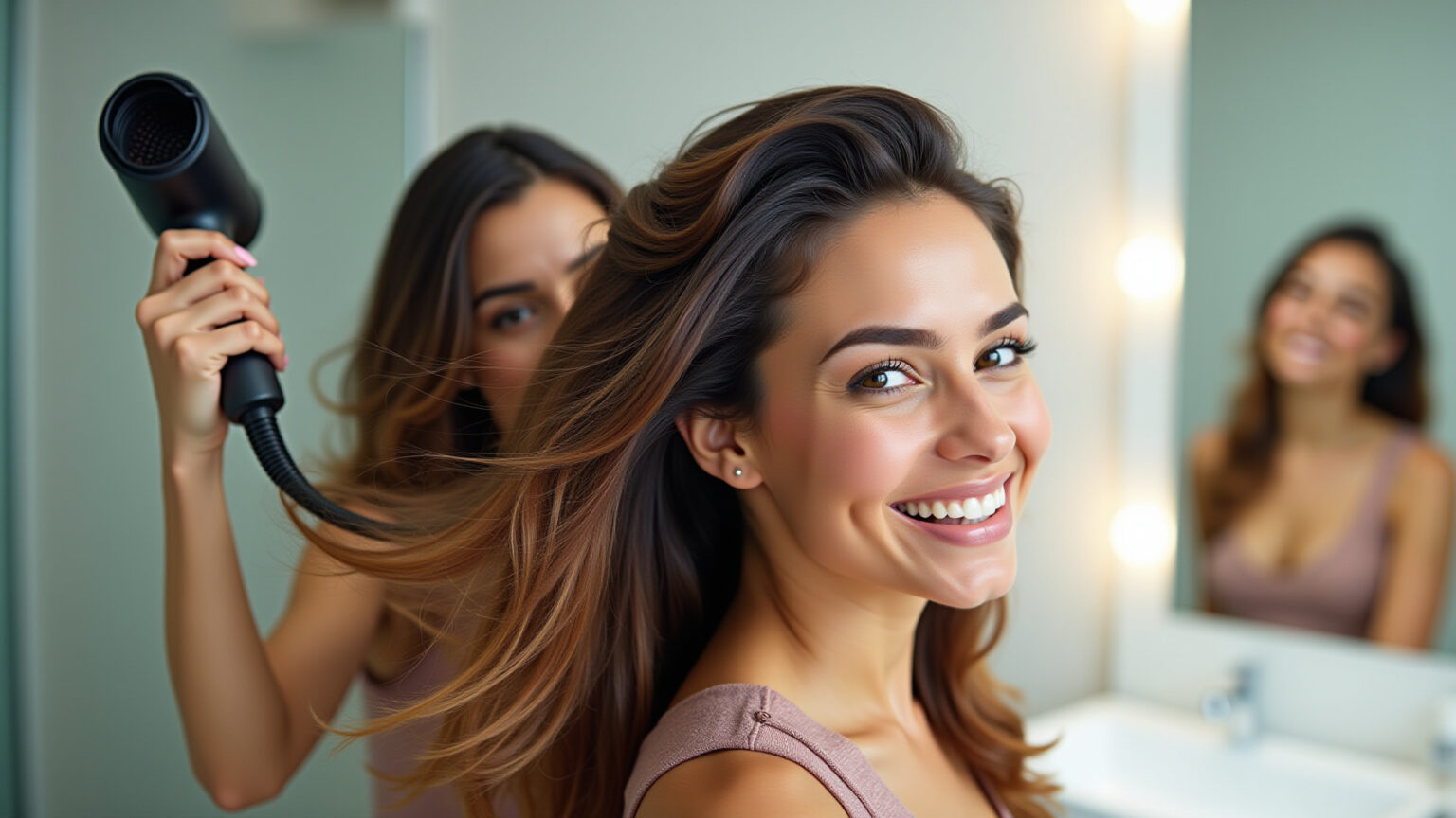 Mulher sorrindo seca cabelo com secador para um visual de diva.