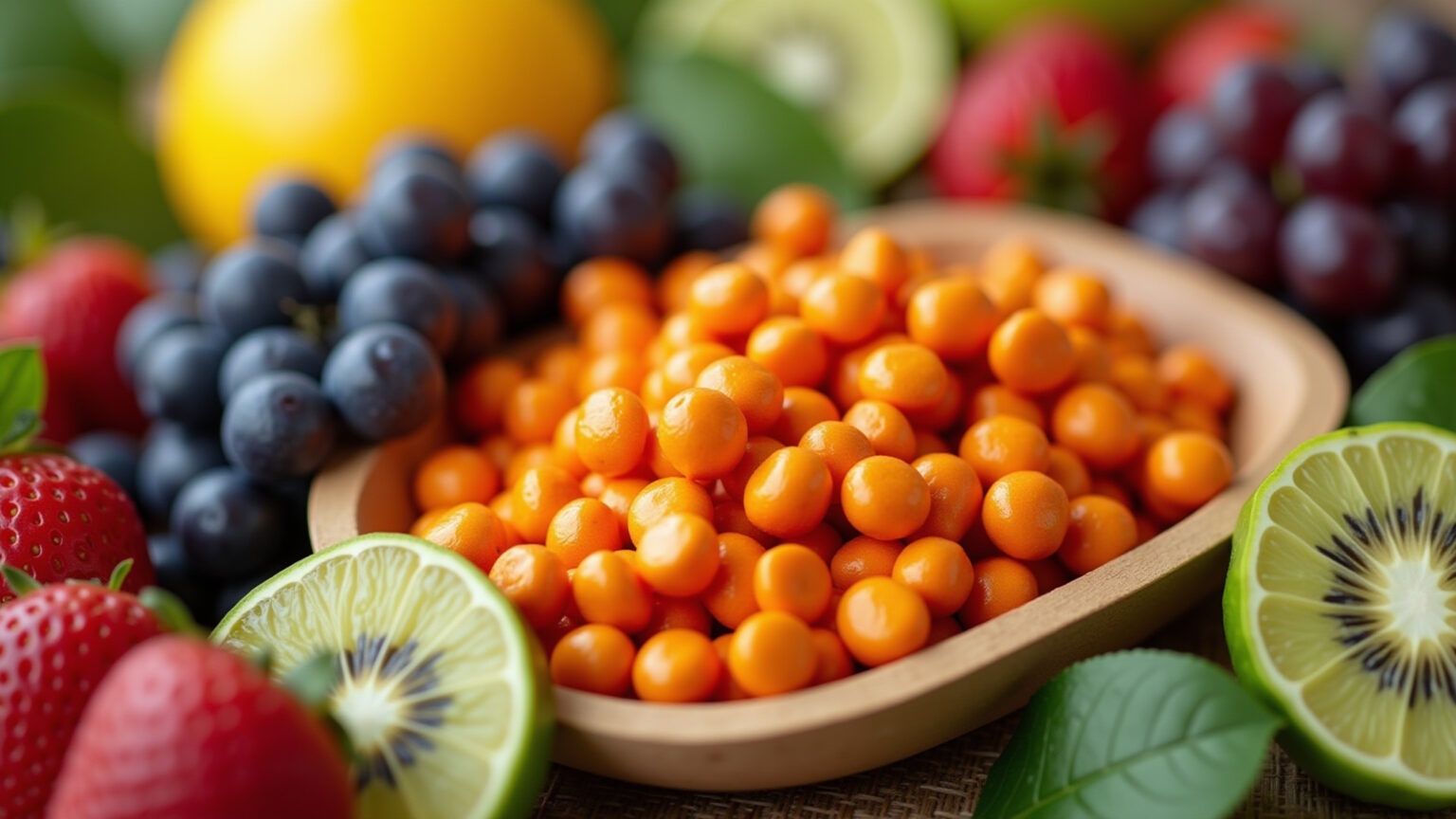 Vitaminas Para Cabelo: O Que Realmente Funciona? Vitaminas e frutas coloridas para cabelos saudáveis.