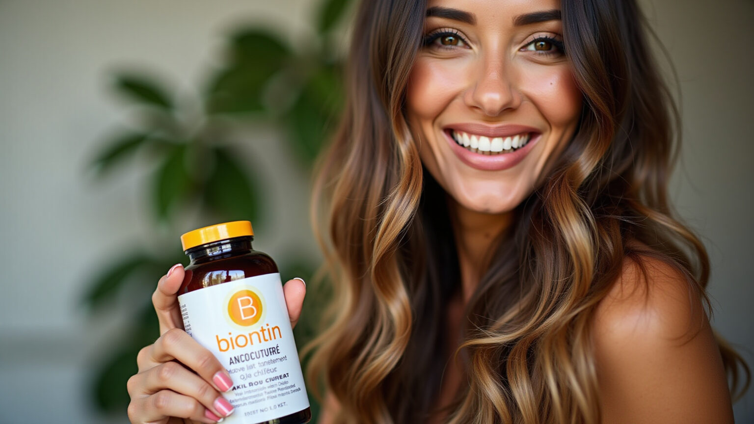 Mulher brasileira sorrindo com cabelo longo e saudável, segurando biotina.