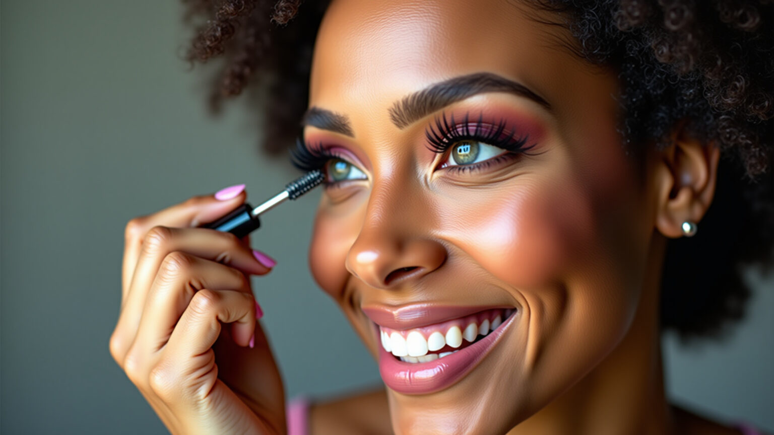 Mulher aplicando rímel em cílios curtos.