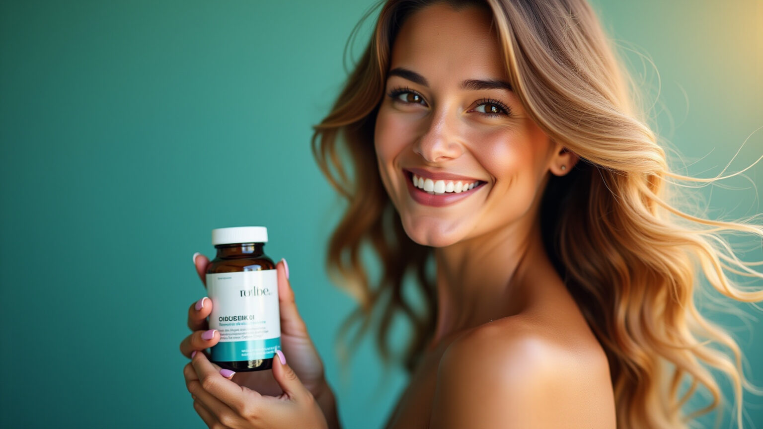 Mulher sorrindo com cabelo saudável segurando suplemento de colágeno.