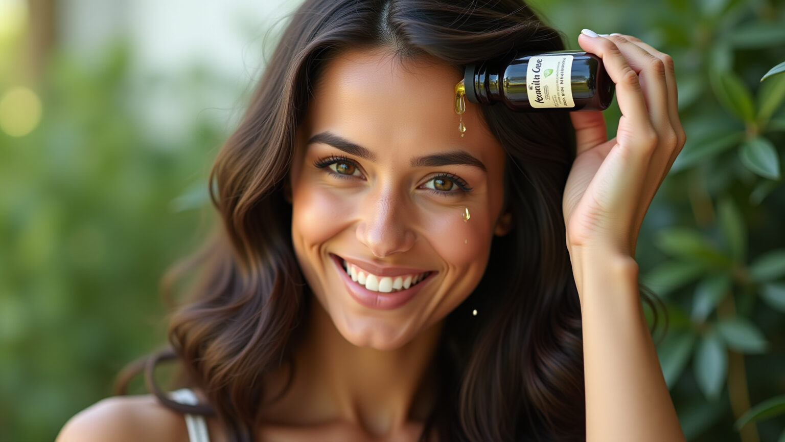 Óleo de alecrim sendo aplicado no couro cabeludo para tratamento capilar.