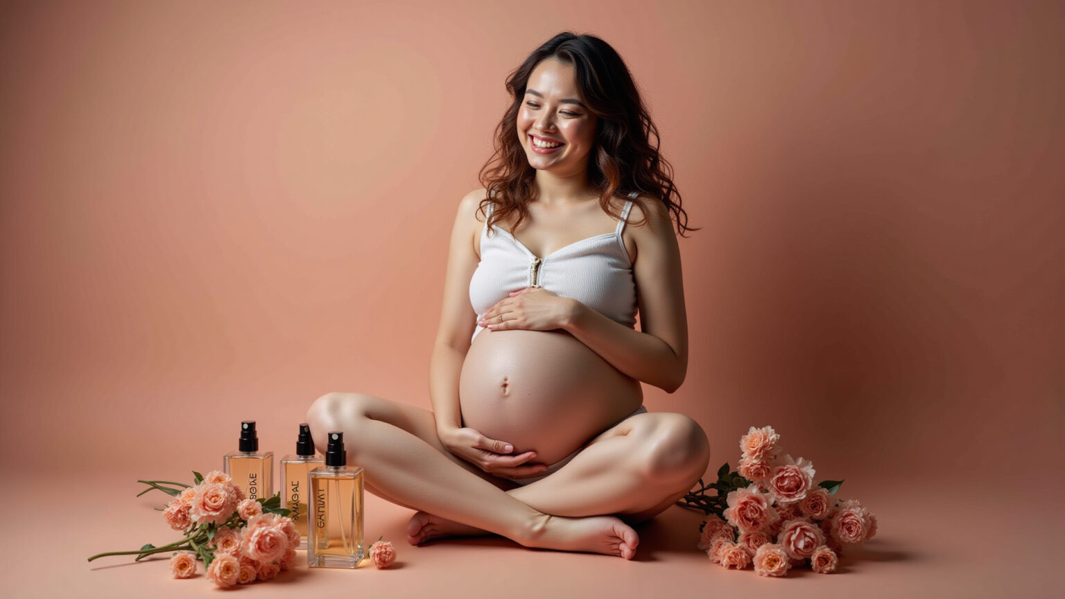 Gestante sorrindo cercada por perfumes seguros e flores naturais.