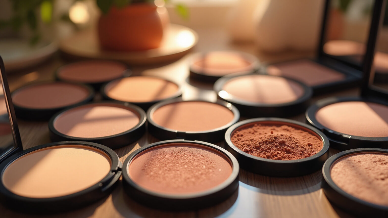 Pós compactos de diversas cores e texturas para diferentes tons de pele.