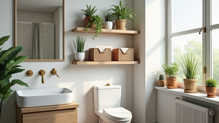 Prateleiras organizadas acima do vaso sanitário com plantas e cestos.