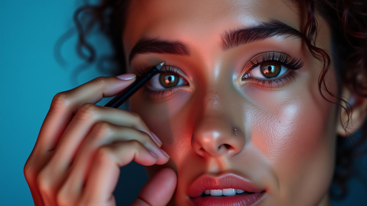 Mulher maquiando olhos redondos para alongar o olhar.