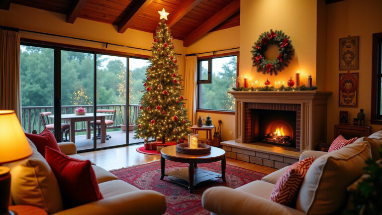 Sala de estar vibrante com decoração de Natal sustentável em estilo brasileiro.