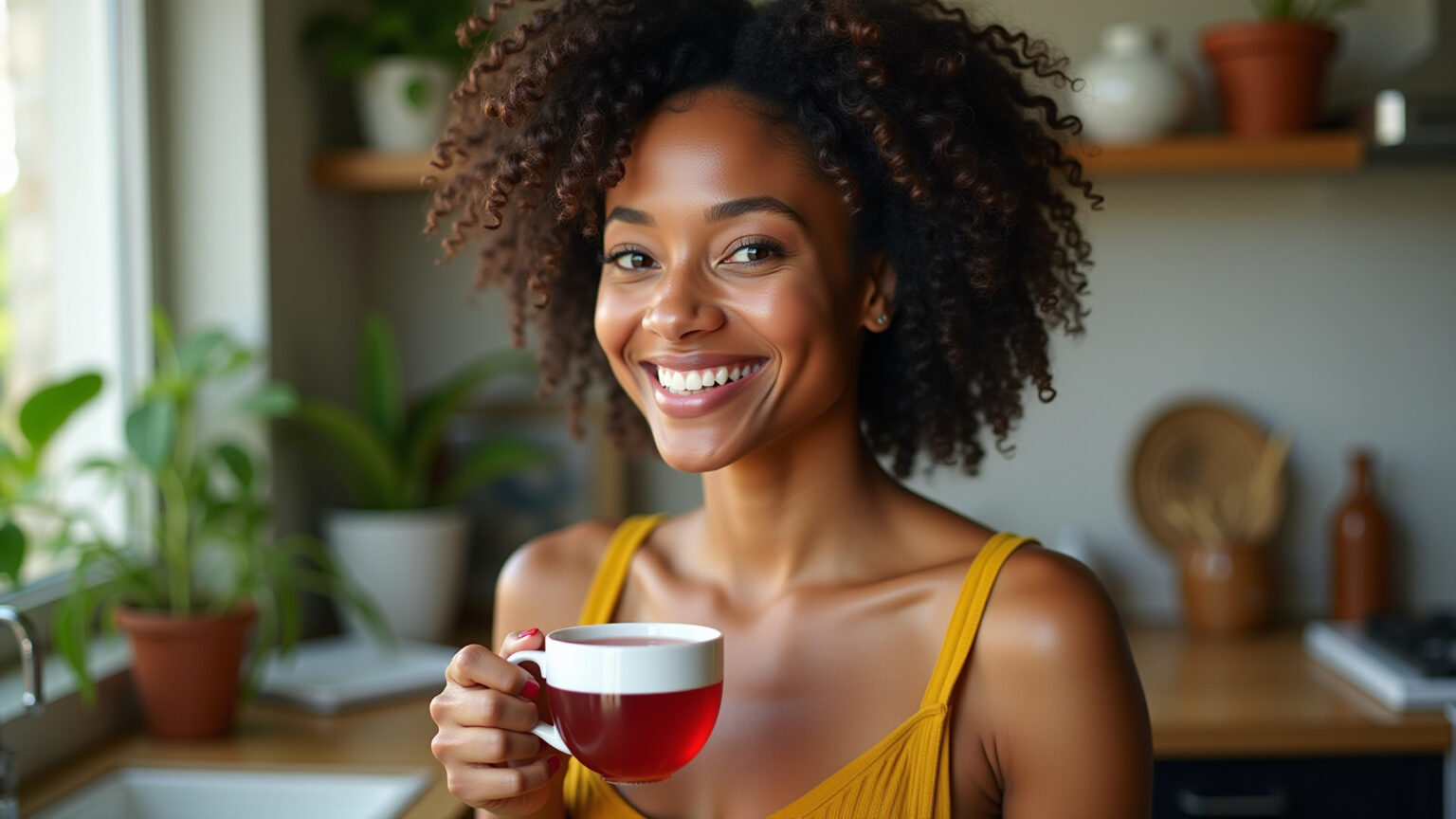 Mulher sorrindo bebendo chá de hibisco em cozinha ensolarada.