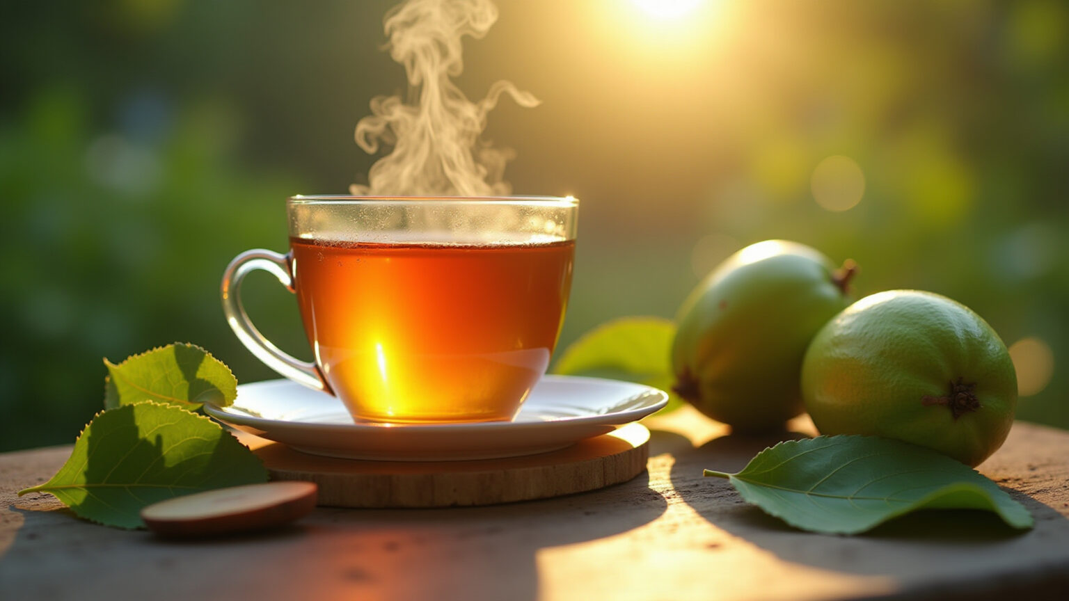 Chá de folha de goiabeira fumegante.