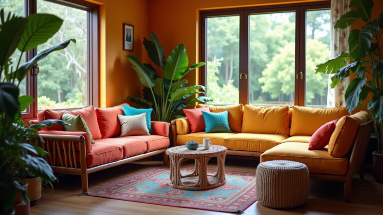 Sala de estar vibrante com decoração brasileira.