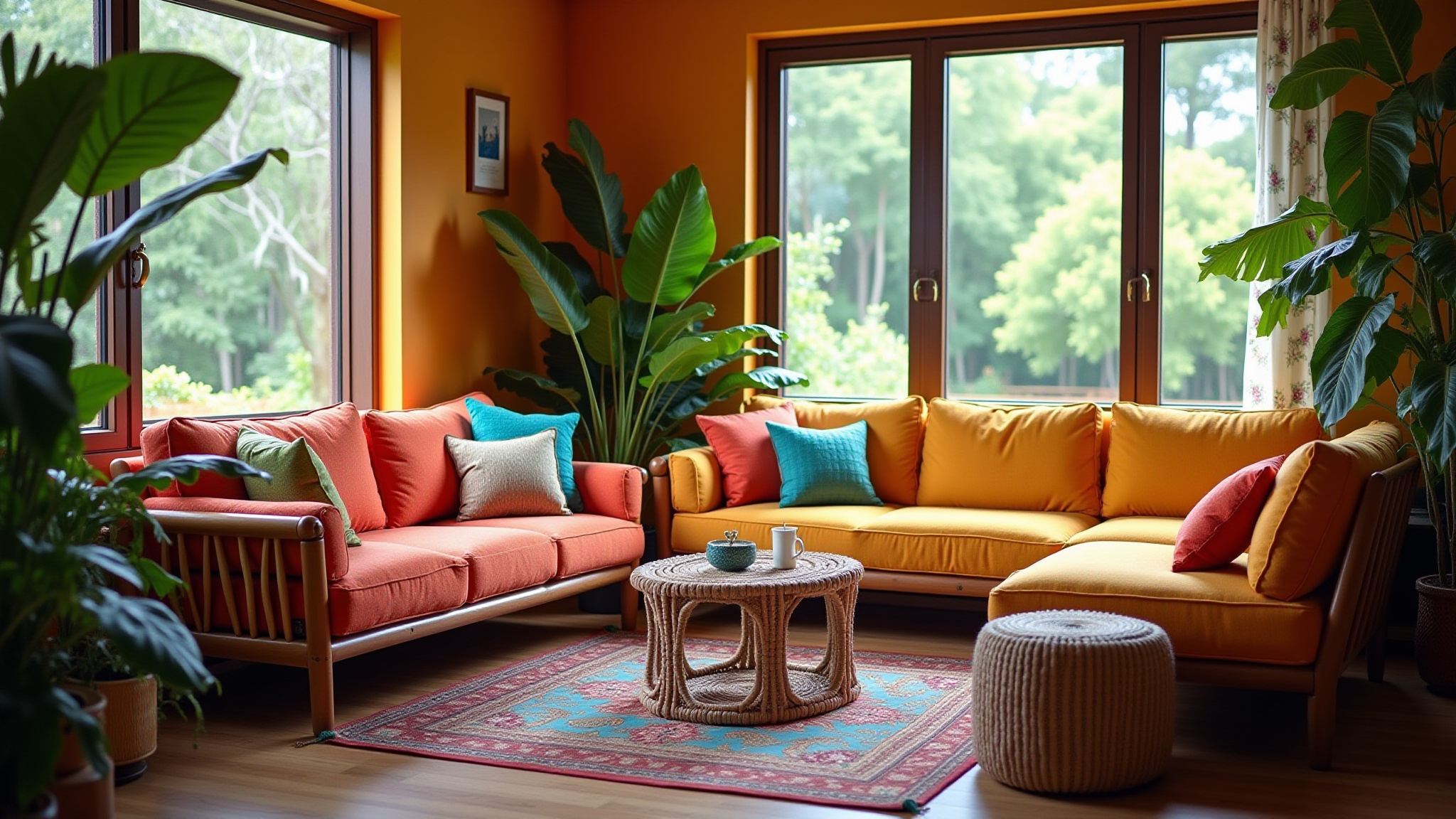 Sala de estar vibrante com decoração brasileira.