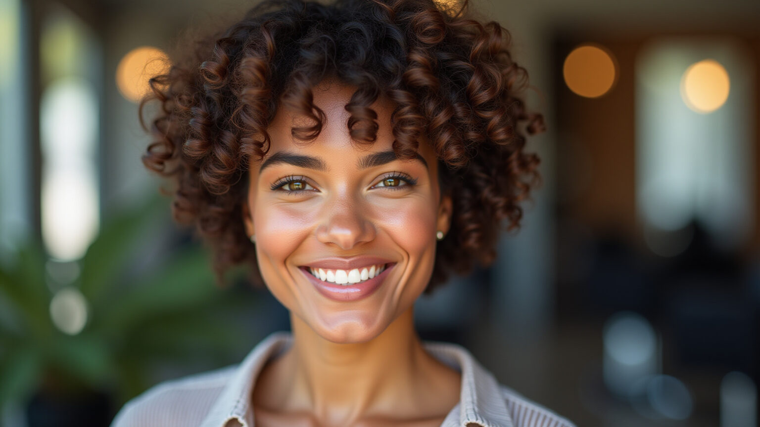 Mulher cacheada sorrindo com pixie cut moderno e estiloso.